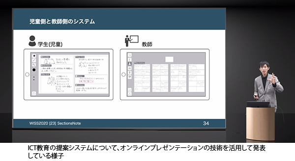 ICT教育の提案システムについて、オンラインプレゼンテーションの技術を活用して発表している様子